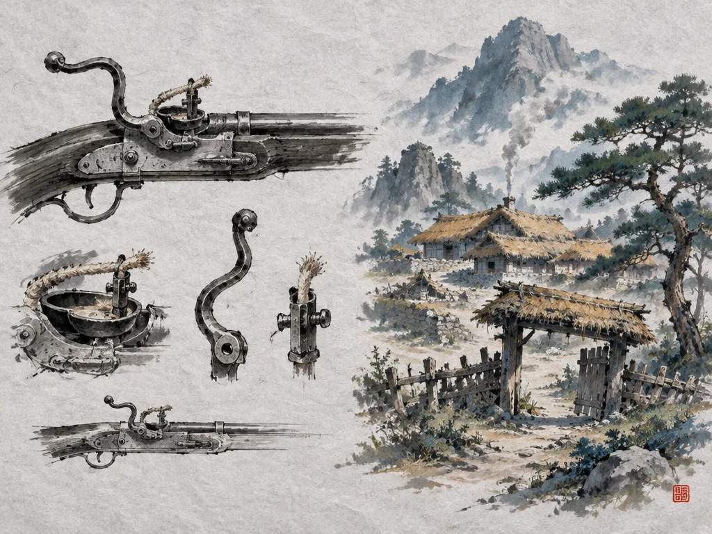 Sketsa tinta mekanisme pemantik matchlock dan desa gunung beratap jerami